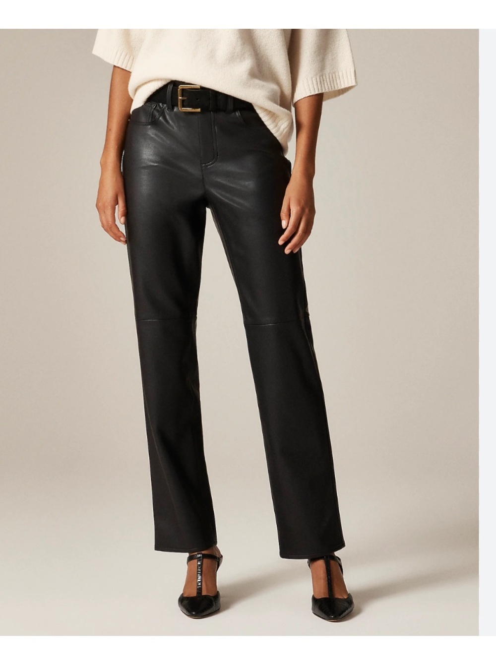 St. John Black 💯 Leather Straight-Leg Pants with Gold-Tone Detail Sz 6